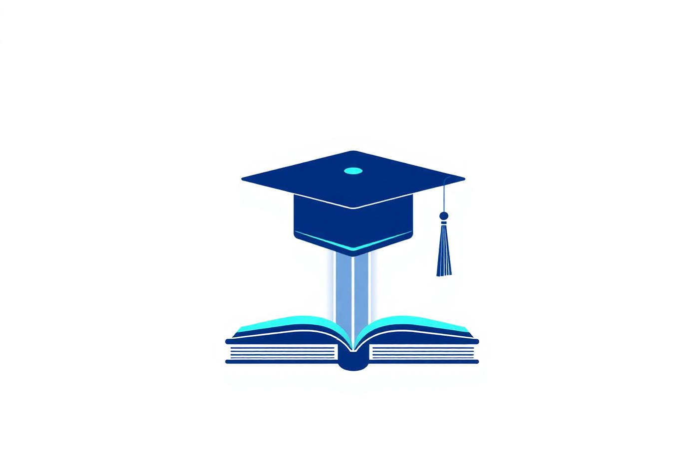 Navy and cyan flat illustration of a graduation cap resting above an open book