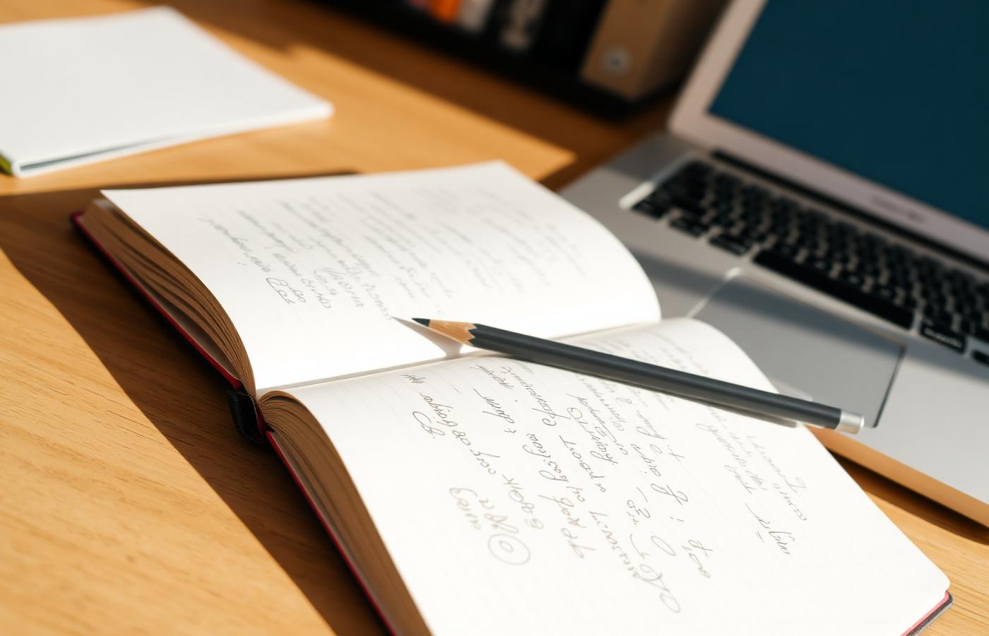 An open notebook with handwritten notes and a pencil on a wooden desk