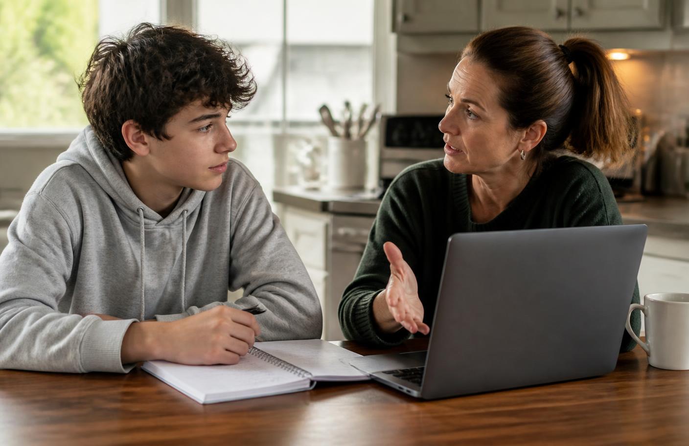 A parent and a teenage student talking at a kitchen table with homework and a laptop