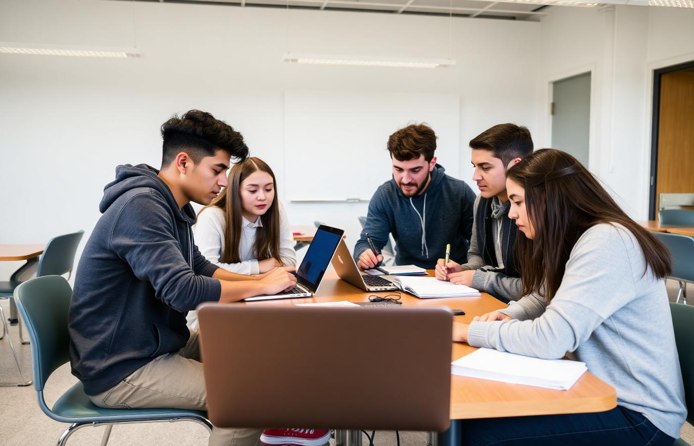 High school students collaborating around a table with laptops and notebooks during group work