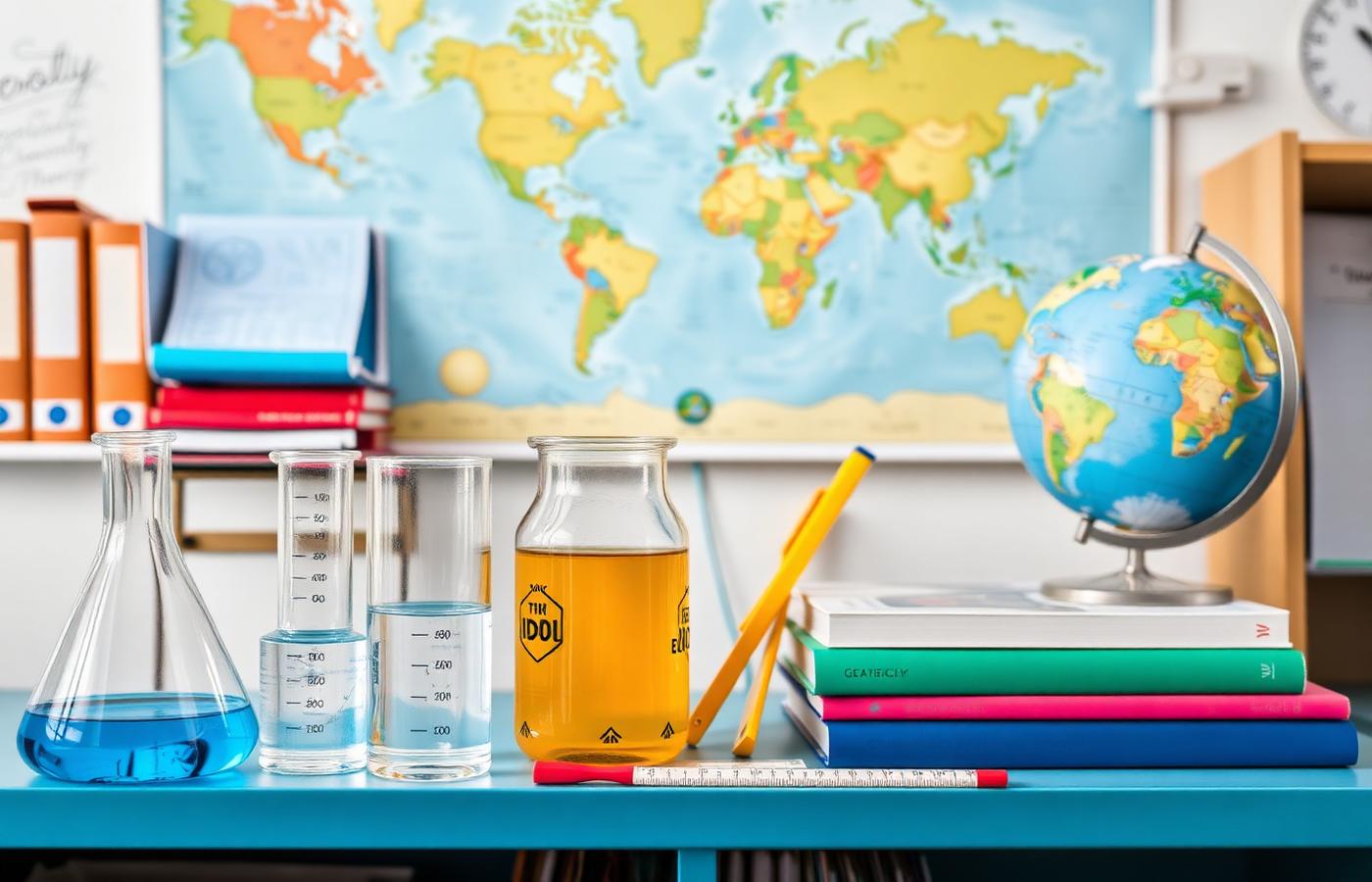 Classroom science and geography materials including beakers, textbooks, a globe, and a world map